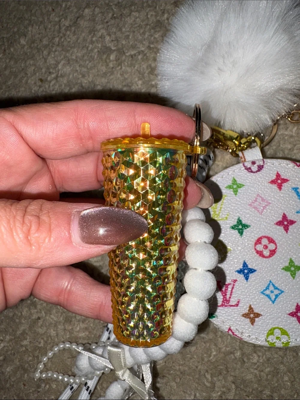 White Multicolor Round Pouch Key Holder with Pom Pom
